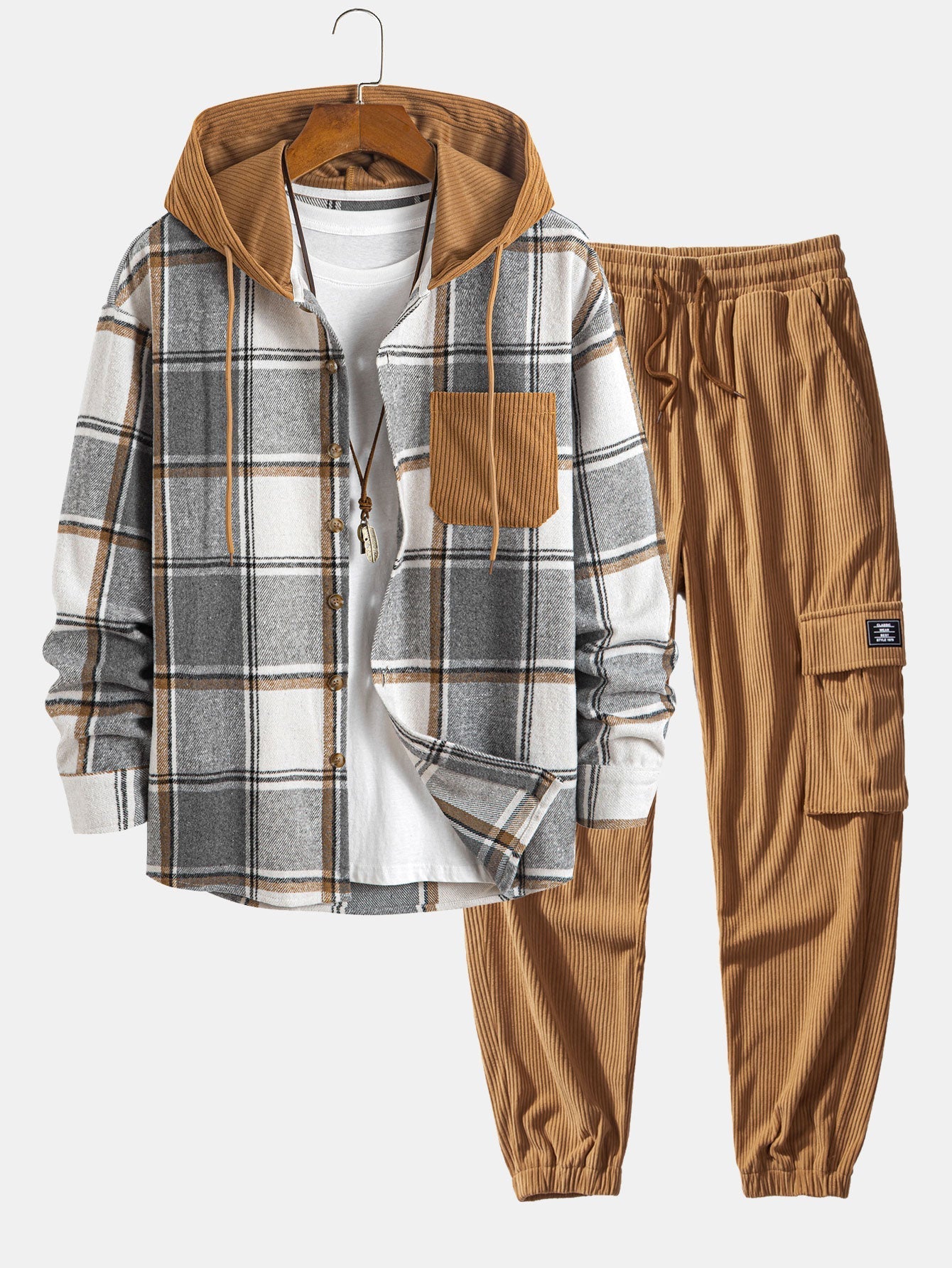 Chemise à capuche à carreaux en velours côtelé contrasté coupe décontractée et pantalon de jogging cargo en velours côtelé à cordon de serrage