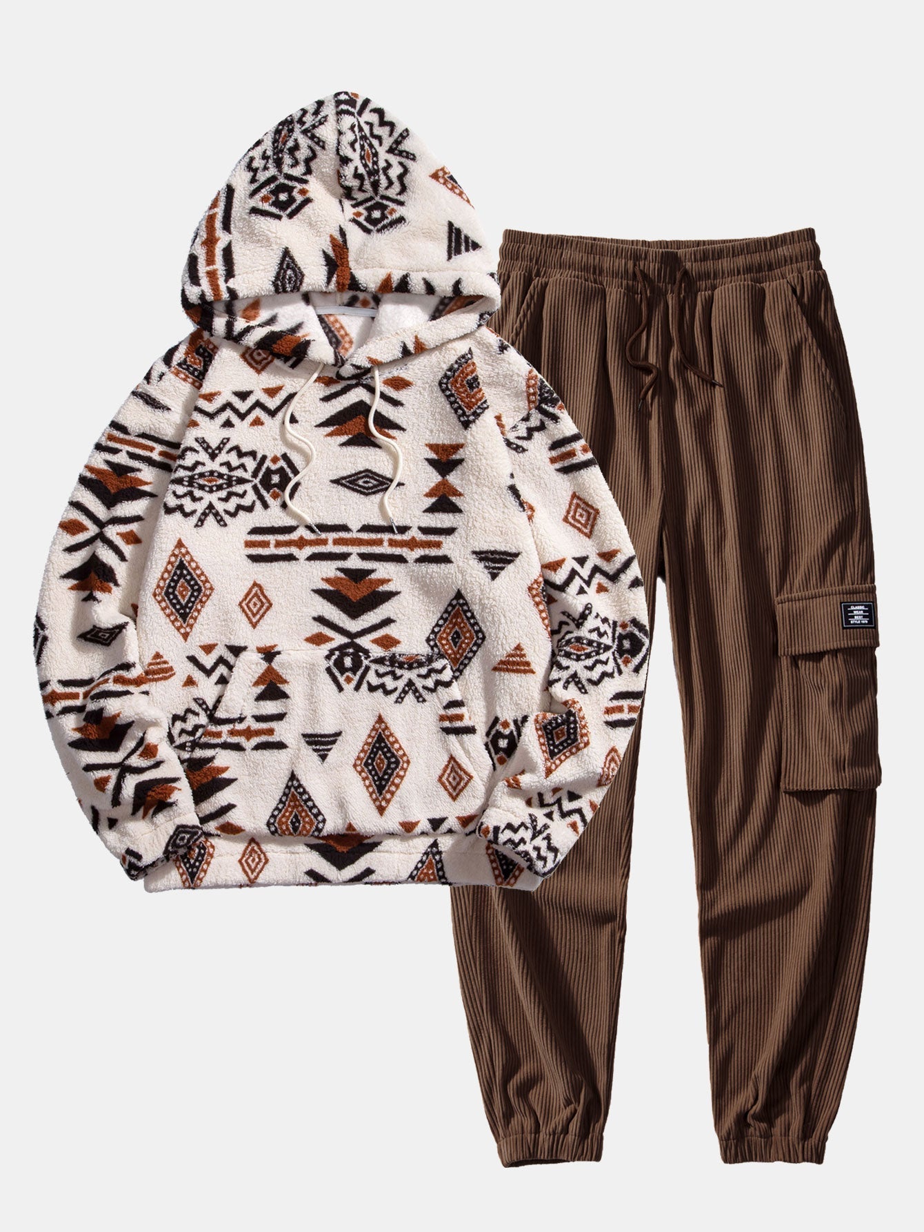 Aztec Print Teddy Hoodie & Drawstring Corduroy Cargo Jogger Pants