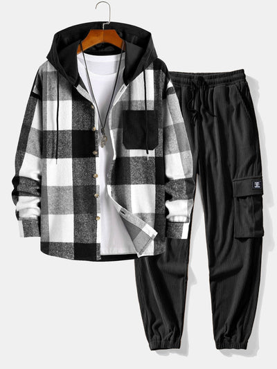Chemise à capuche en velours côtelé à carreaux en flanelle coupe décontractée et pantalon de jogging cargo en velours côtelé
