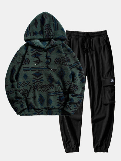 Aztec Print Teddy Hoodie & Drawstring Corduroy Cargo Jogger Pants