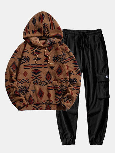 Aztec Print Teddy Hoodie & Drawstring Corduroy Cargo Jogger Pants