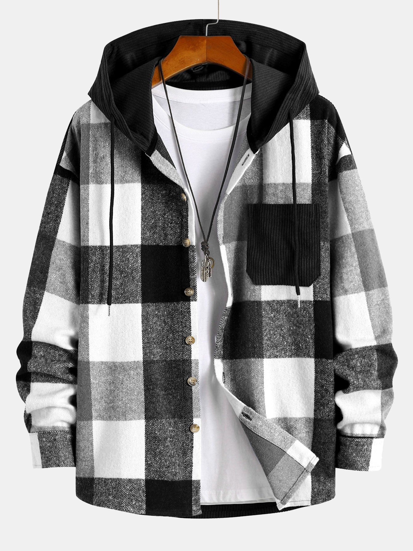 Chemise à capuche en velours côtelé à carreaux en flanelle coupe décontractée et pantalon de jogging cargo en velours côtelé