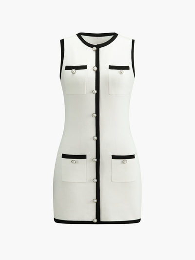 Kiana | Robe pull courte sans manches à boutons et poches multiples 