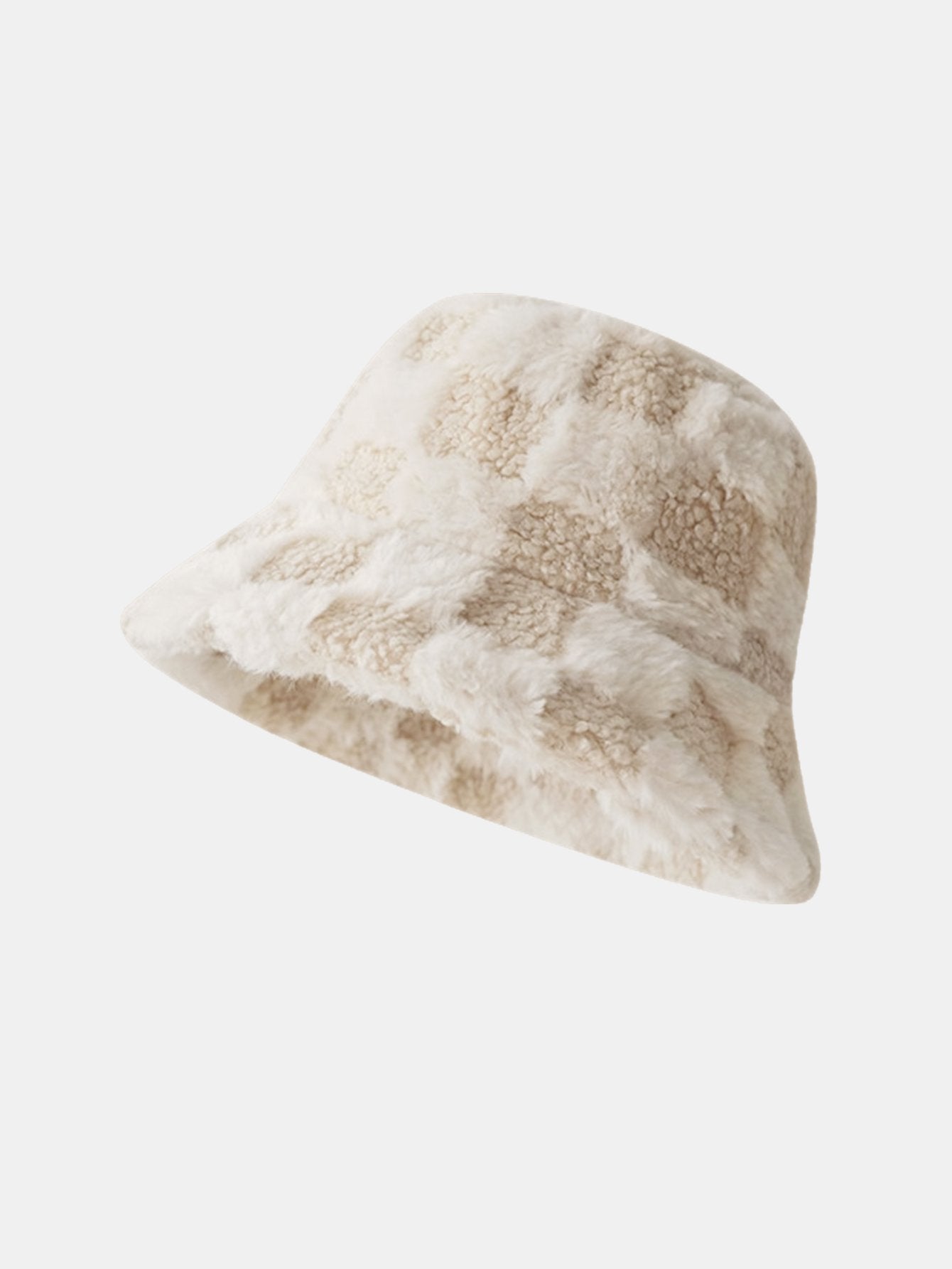 Check Plush Warm Faux Fur Bucket Hat