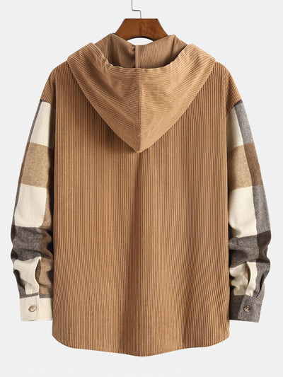 Chemise à capuche décontractée en flanelle à carreaux et velours côtelé