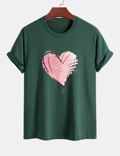 T-shirt en coton coupe classique à imprimé cœur Doodle