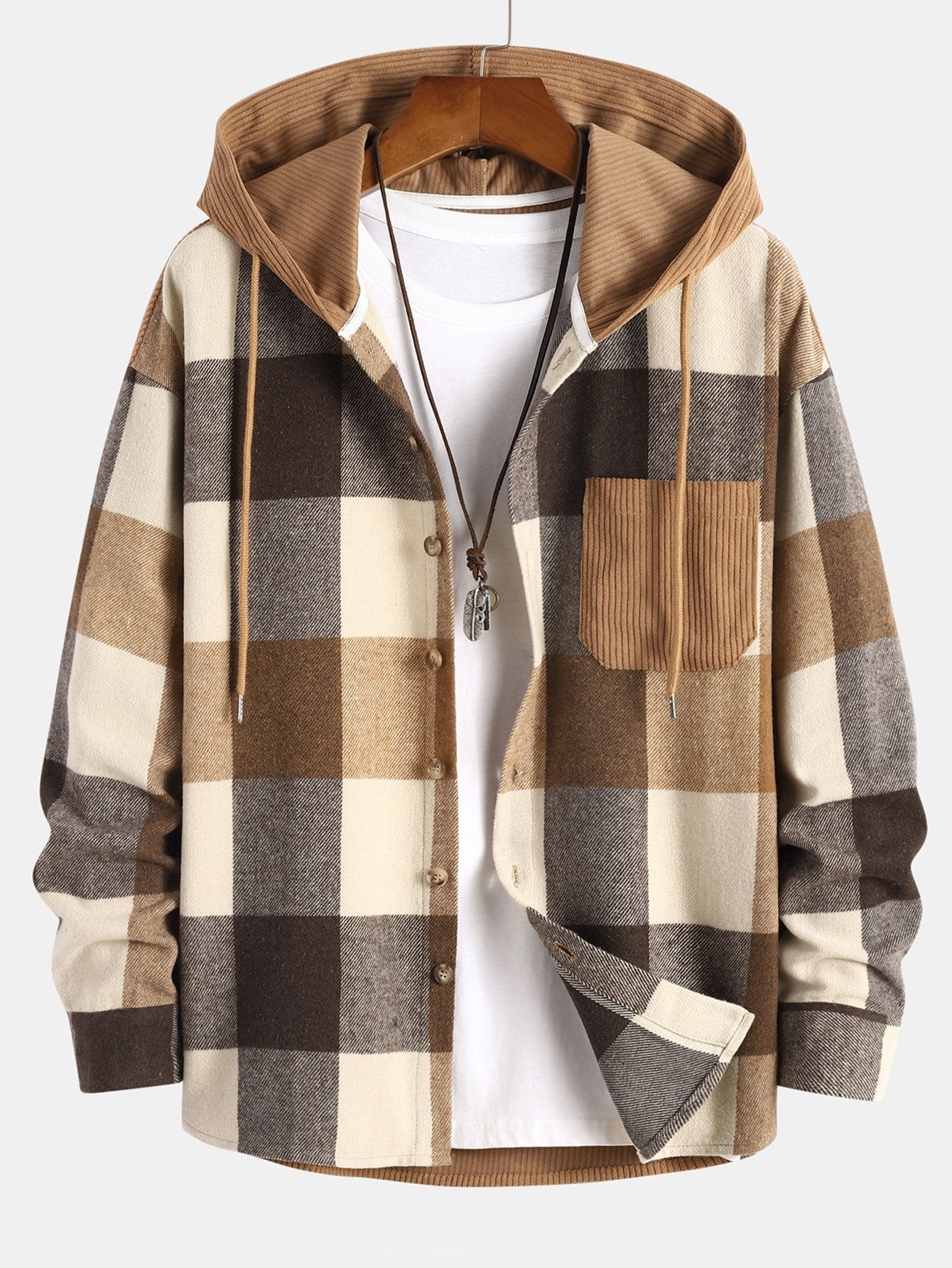Chemise à capuche en velours côtelé à carreaux en flanelle coupe décontractée et pantalon de jogging cargo en velours côtelé