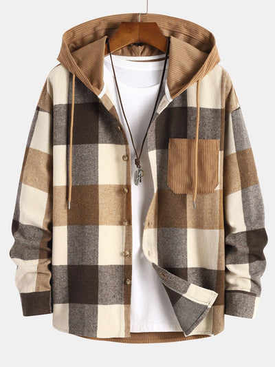 Chemise à capuche en velours côtelé à carreaux en flanelle coupe décontractée et pantalon de jogging cargo en velours côtelé