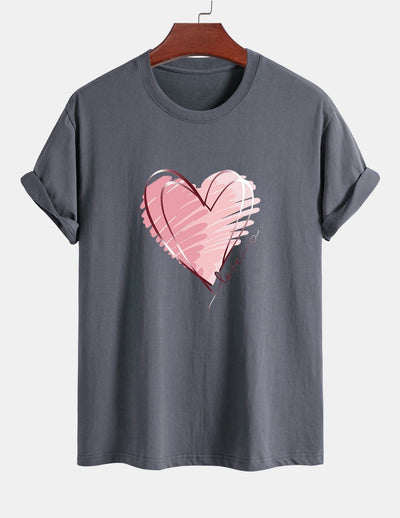 T-shirt en coton coupe classique à imprimé cœur Doodle