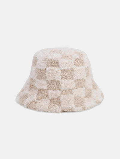 Check Plush Warm Faux Fur Bucket Hat