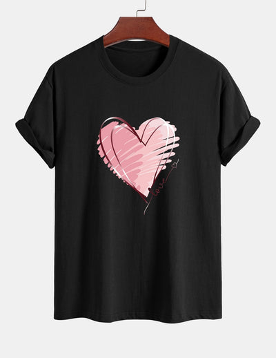 T-shirt en coton coupe classique à imprimé cœur Doodle