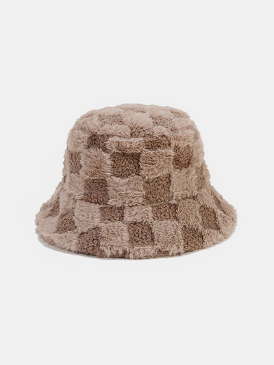 Check Plush Warm Faux Fur Bucket Hat