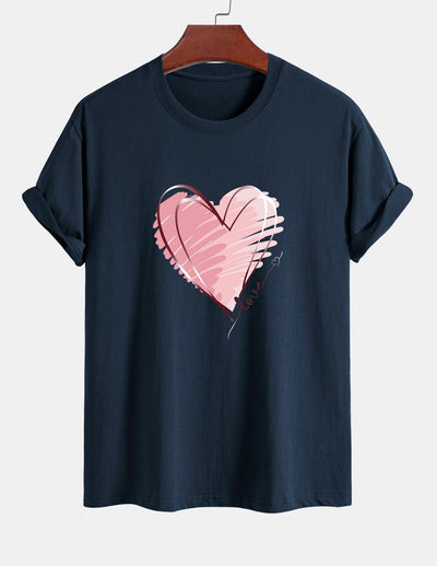 T-shirt en coton coupe classique à imprimé cœur Doodle